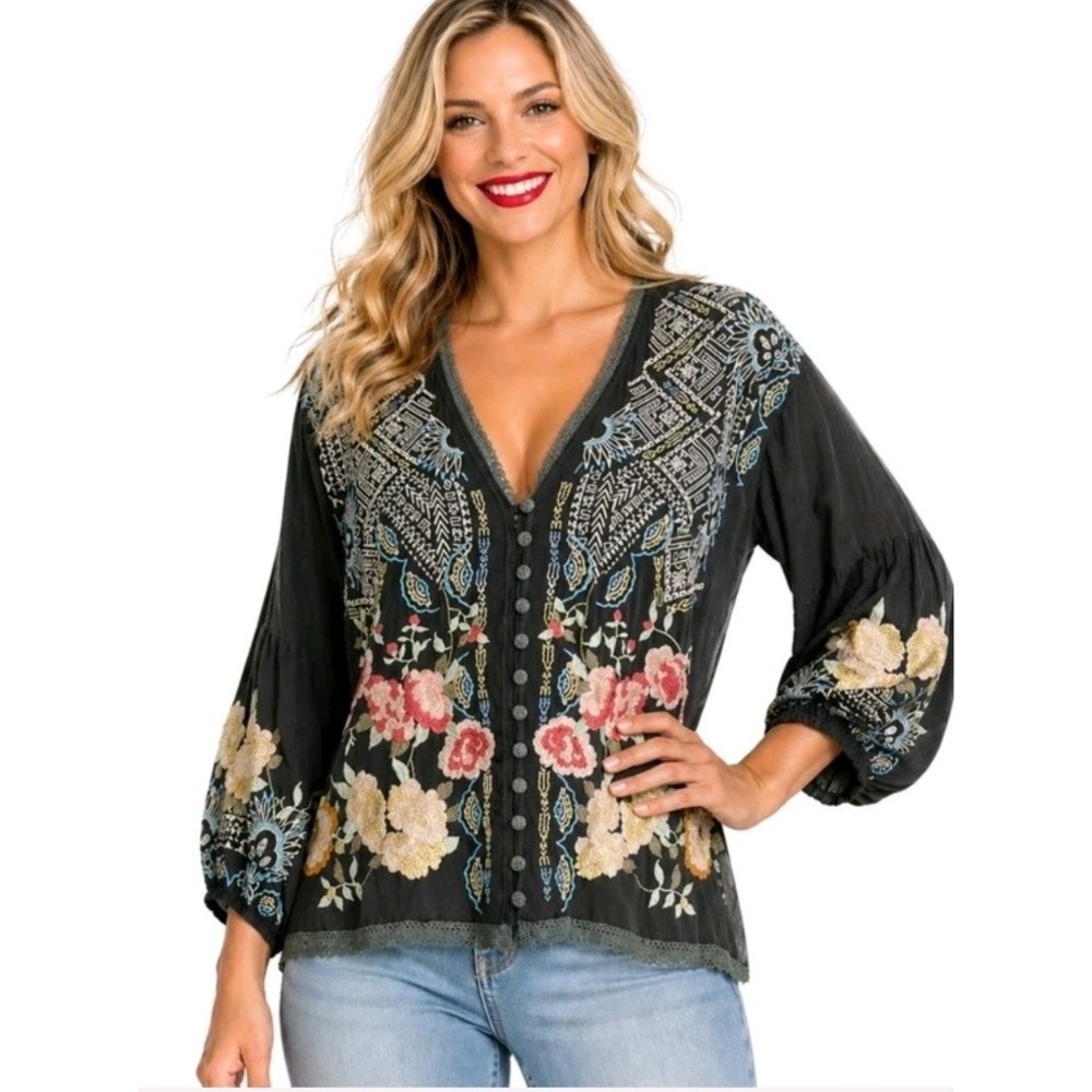 Johnny Was Gray Colorful Floral Castana Heavily Embroidered Boho Blouse Size M